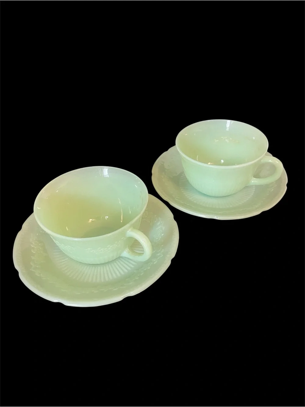 Vintage Anchor Hocking Jadeite Cups & Saucers Alice Pattern Set of 2